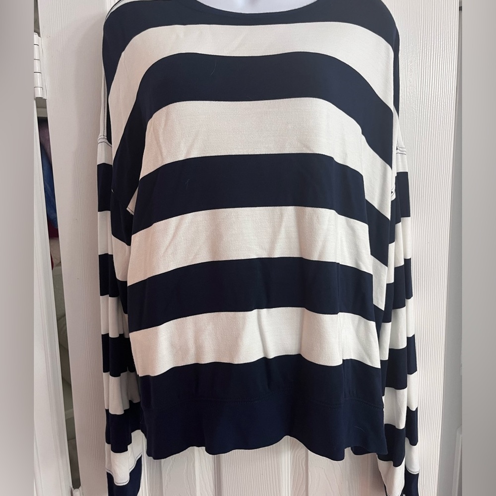 Navy and white striped shirt, size M